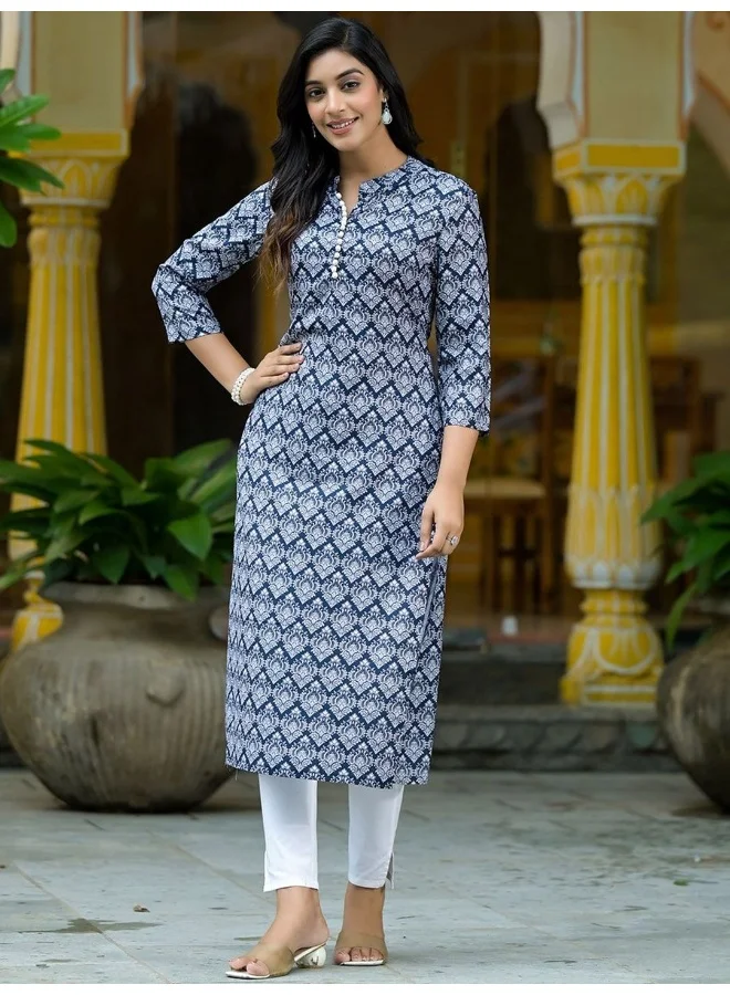 أيه كيه إس Navy Blue Mughal Motif Kurtain Muslin with Lace detail
