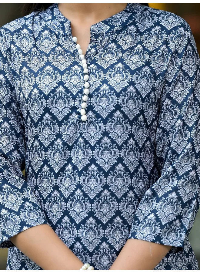 أيه كيه إس Navy Blue Mughal Motif Kurtain Muslin with Lace detail
