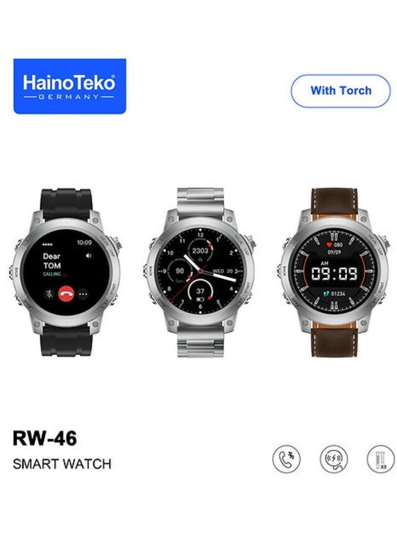 Haino Teko ساعة ذكية RW46 للرجال بشاشة AMOLED دائرية، مزودة بمصباح مدمج، شاحن لاسلكي و3 أشرطة إضافية – متعقب لياقة بدنية، مراقب معدل ضربات القلب، مراقب النوم، مكالمات عبر البلوتوث، ساعة ذكية أنيقة باللون الأسود للرجال والفتيان – بطارية طويلة العمر - Image 4