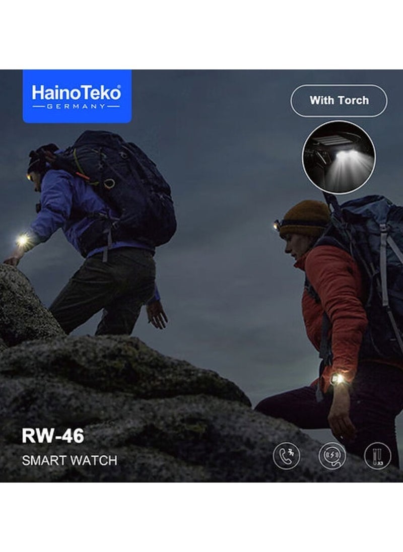 Haino Teko ساعة ذكية RW46 للرجال بشاشة AMOLED دائرية، مزودة بمصباح مدمج، شاحن لاسلكي و3 أشرطة إضافية – متعقب لياقة بدنية، مراقب معدل ضربات القلب، مراقب النوم، مكالمات عبر البلوتوث، ساعة ذكية أنيقة باللون الأسود للرجال والفتيان – بطارية طويلة العمر - Image 5