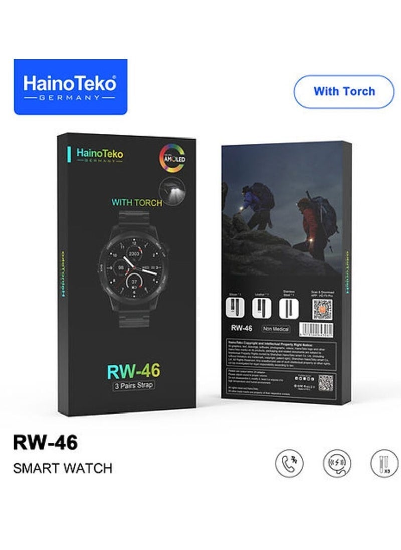 Haino Teko ساعة ذكية RW46 للرجال بشاشة AMOLED دائرية، مزودة بمصباح مدمج، شاحن لاسلكي و3 أشرطة إضافية – متعقب لياقة بدنية، مراقب معدل ضربات القلب، مراقب النوم، مكالمات عبر البلوتوث، ساعة ذكية أنيقة باللون الأسود للرجال والفتيان – بطارية طويلة العمر - Image 2
