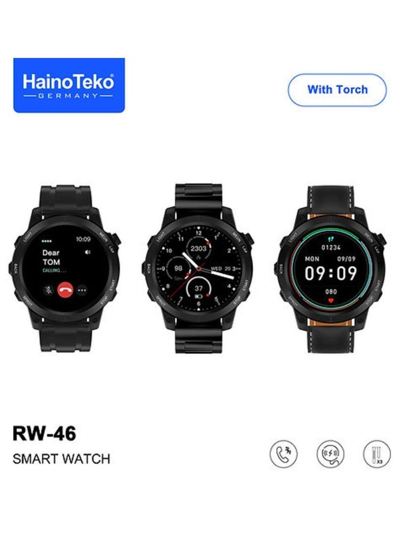 Haino Teko ساعة ذكية RW46 للرجال بشاشة AMOLED دائرية، مزودة بمصباح مدمج، شاحن لاسلكي و3 أشرطة إضافية – متعقب لياقة بدنية، مراقب معدل ضربات القلب، مراقب النوم، مكالمات عبر البلوتوث، ساعة ذكية أنيقة باللون الأسود للرجال والفتيان – بطارية طويلة العمر - Image 1