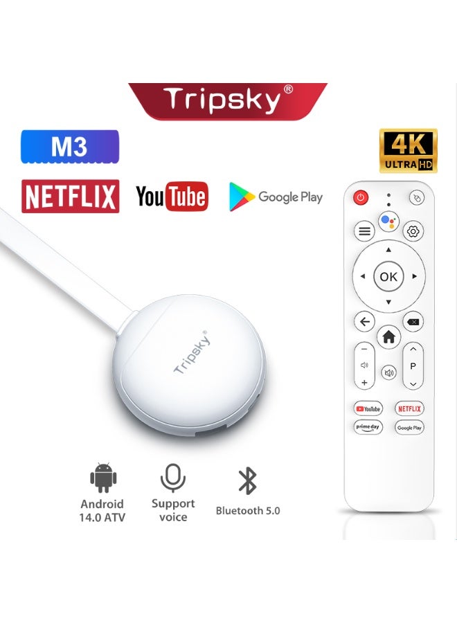 Tripsky M3 Android 14.0 TV Stick ATV, RK3518 Mini Smart TV Box Streaming Media Player with Quad-Core WiFi6 & 2.4G/5G & Wireless 5.4, 4K@60fps Streaming, HDTV Output,Voice Control Smart Home Player - Image 1