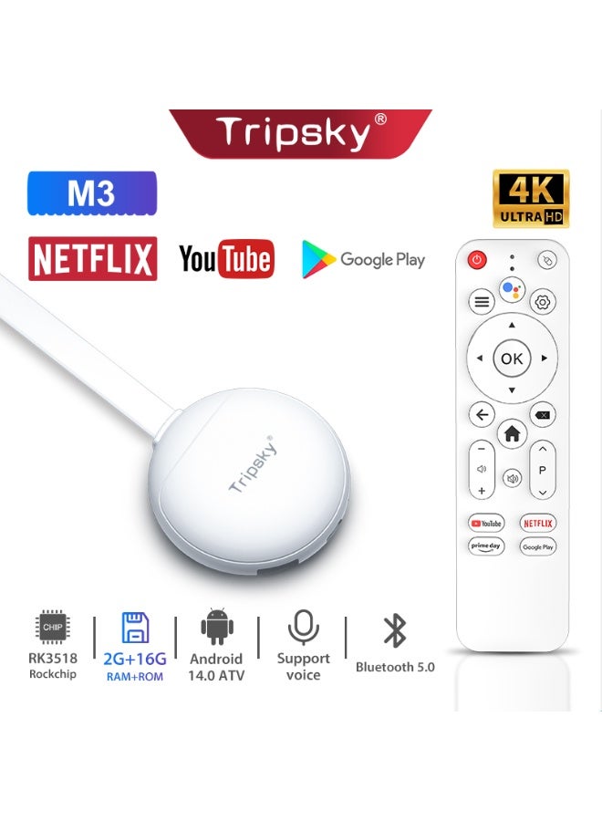 Tripsky M3 Android 14.0 TV Stick ATV, RK3518 2GB+16GB Mini Smart TV Box Streaming Media Player with Quad-Core WiFi6 & 2.4G/5G & Wireless 5.4, 4K@60fps Streaming, HDTV Output,Voice Control Smart Home Player - Image 1
