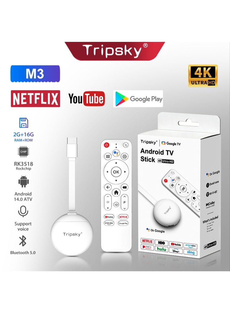 Tripsky M3 Android 14.0 TV Stick ATV, RK3518 2GB+16GB Mini Smart TV Box Streaming 4K 1080P Media Player with Quad-Core WiFi6 & 2.4G/5G & Wireless 5.4, 4K@60fps Streaming, HDTV Output,Voice Control Smart Home Player - Image 1