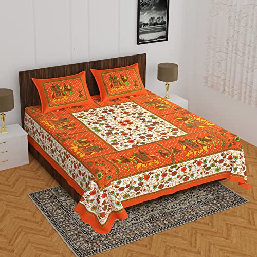 UNIBLISS Jaipuri Traditonal Sanganeri Print 144 TC Cotton Double Bedsheet with 2 Pillow Covers (Double, B-5 Orange) , 144 - 200 tc - Image 2