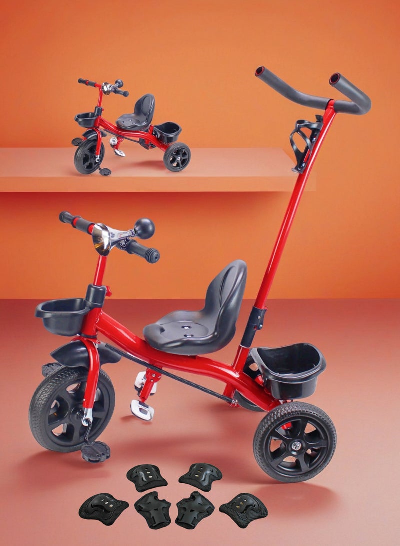 Kids Ride-On Tricycle with Parental Push Handle - Baby Bicycle Toy with Storage Basket Available in Grey, Red & Pink Package Include Protective Gear Set - Image 1