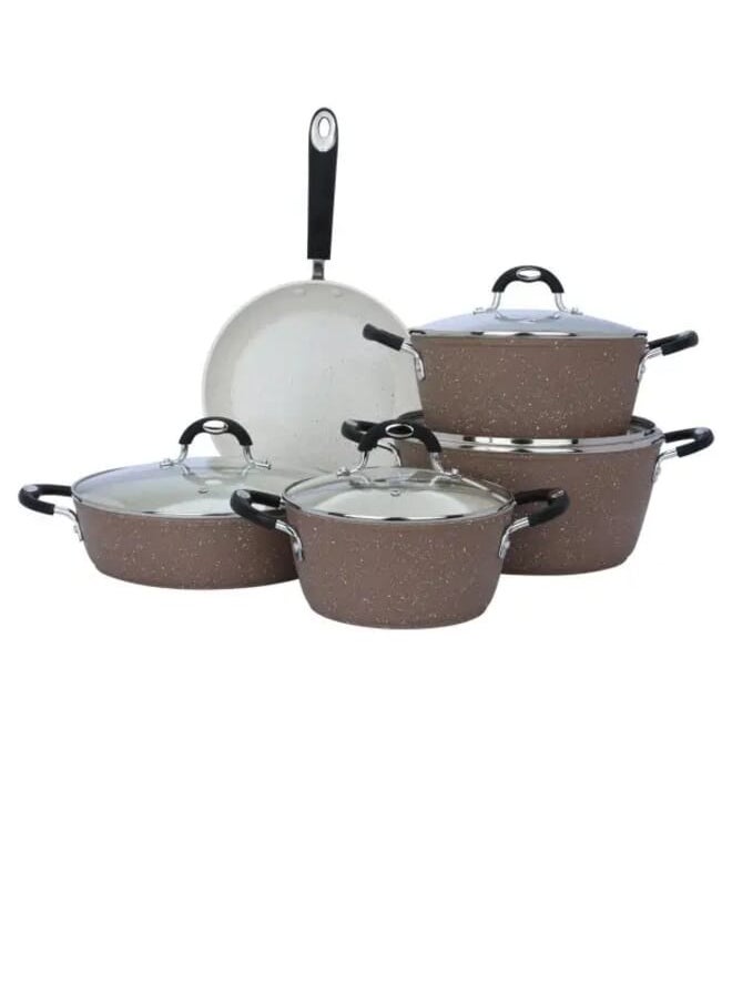 Alsaif Gallery 9 pieces Granite Cookware set with silicone glass lid Brown  - Image 1