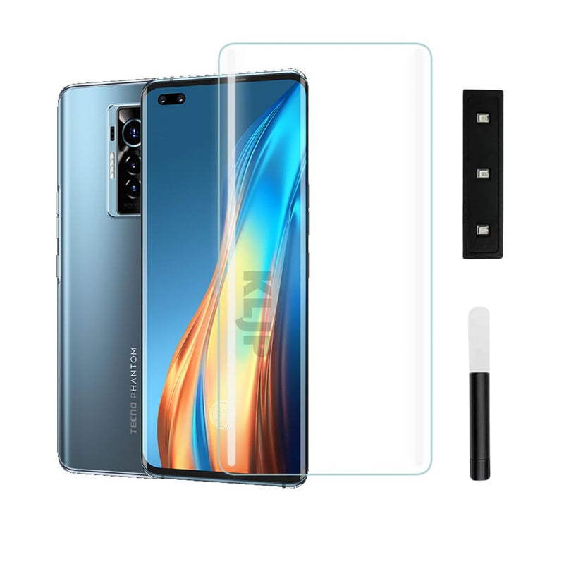 KLJP HD+ UV Tempered Glass Screen Protector Guard Compatible For Techno Phantom X (Pack of 1) Full Adhesive UV Curved Case Friendly HD+ Clarity - Image 1