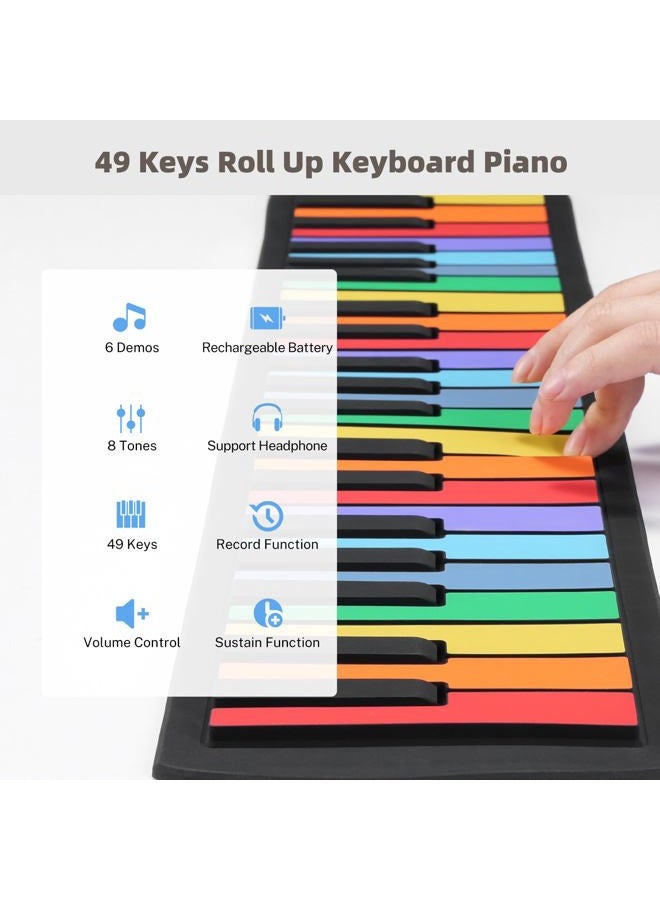 POGOLAB 49 Key Roll Up Keyboard Piano, Portable Digital Electric Foldable Piano Keyboard, Rechargeable, 8 Tones, 6 Educational Demo Songs, for Beginners Gift (Rainbow) - Image 3