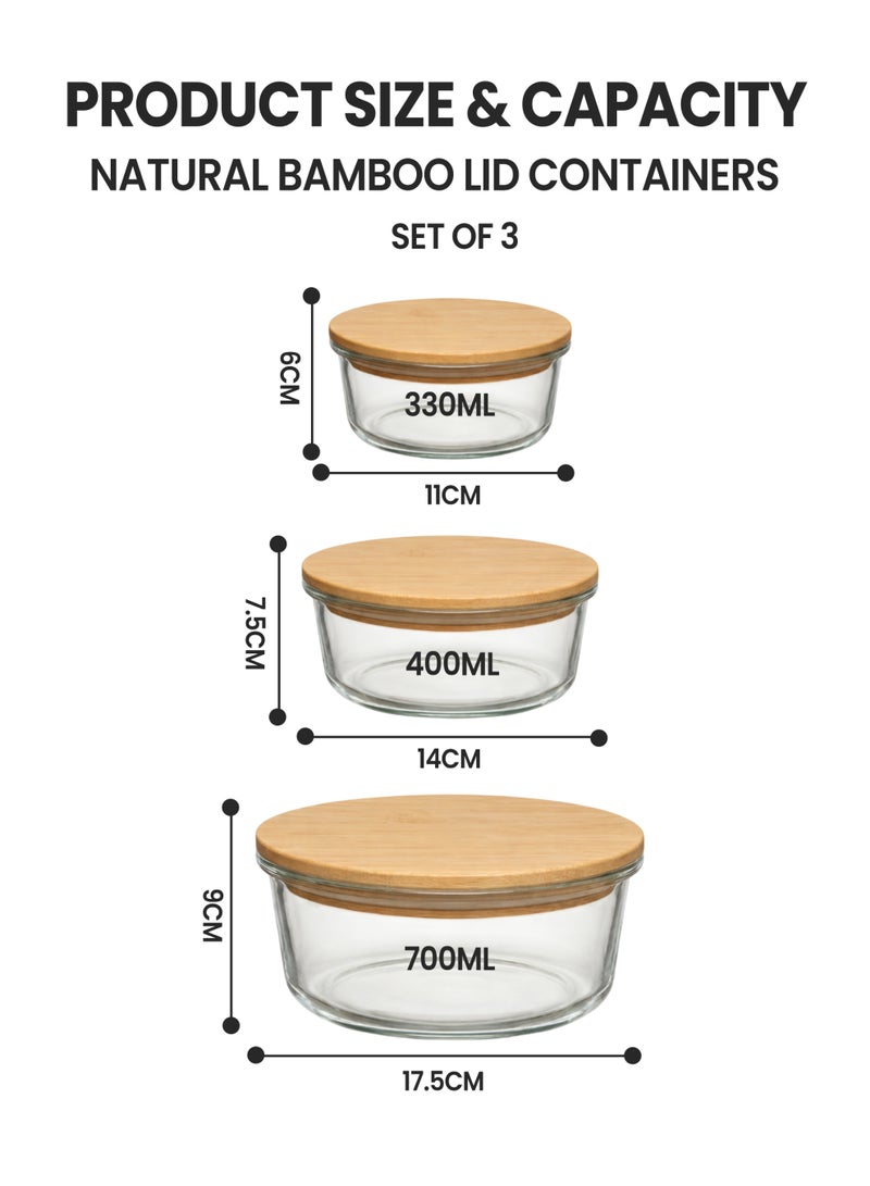 Toshionics Natural Bamboo Lid Food Storage Containers Set of 3 (330ml, 400ml, 700ml) – Airtight BPA Free Clear Food Containers with Silicone Seal, Eco Friendly Meal Prep & Kitchen Storage Bowls with Bamboo Lids - Image 2
