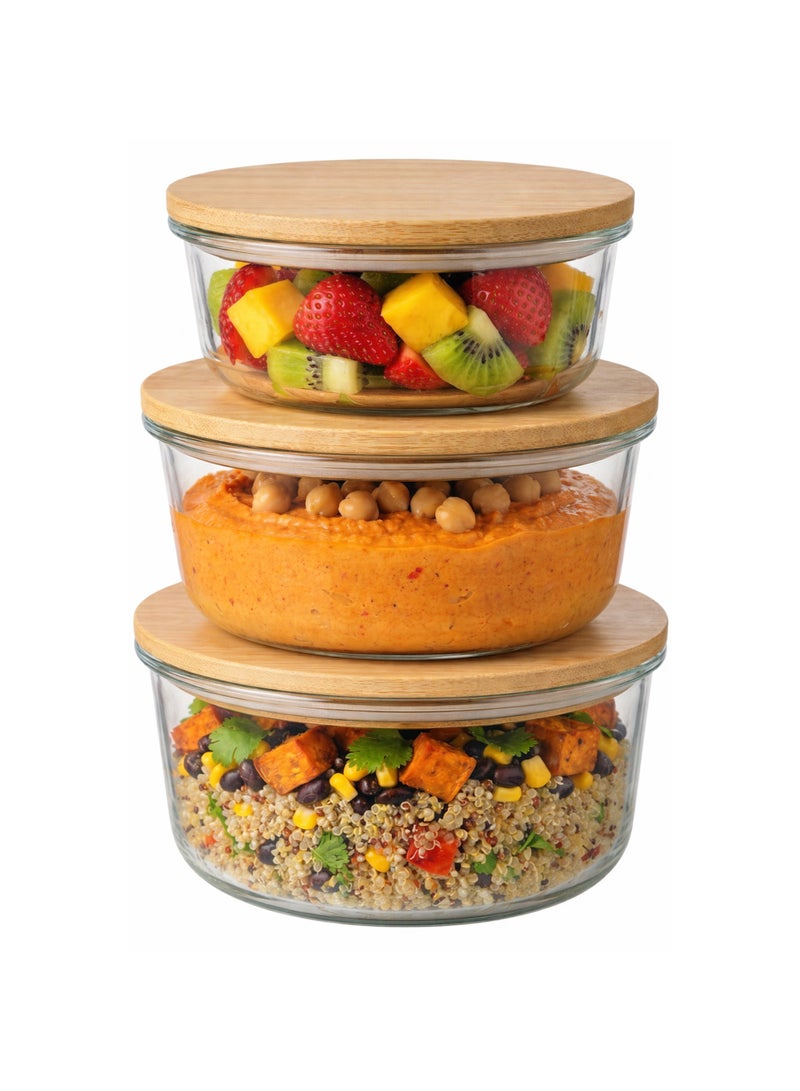 Toshionics Natural Bamboo Lid Food Storage Containers Set of 3 (330ml, 400ml, 700ml) – Airtight BPA Free Clear Food Containers with Silicone Seal, Eco Friendly Meal Prep & Kitchen Storage Bowls with Bamboo Lids - Image 1