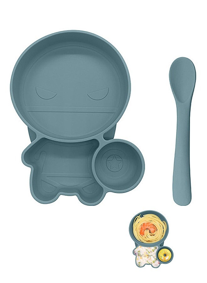 Baby Feeding Set Divider Plates, BPA Free Silicone Baby Tableware Set for Toddlers, Cartoon Divider Plate with Suction and Baby Feeding Spoons (Blue) - Image 1