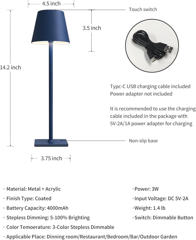 KDG 2 Pack Cordless Table Lamp,Portable LED Desk Lamp, 4000mAh Battery Operated, 3 Color Stepless Dimming Up, for Restaurant/Bedroom/Bars/Outdoor Party/Camping/Coffee Shop Night Light(Blue) - Image 5