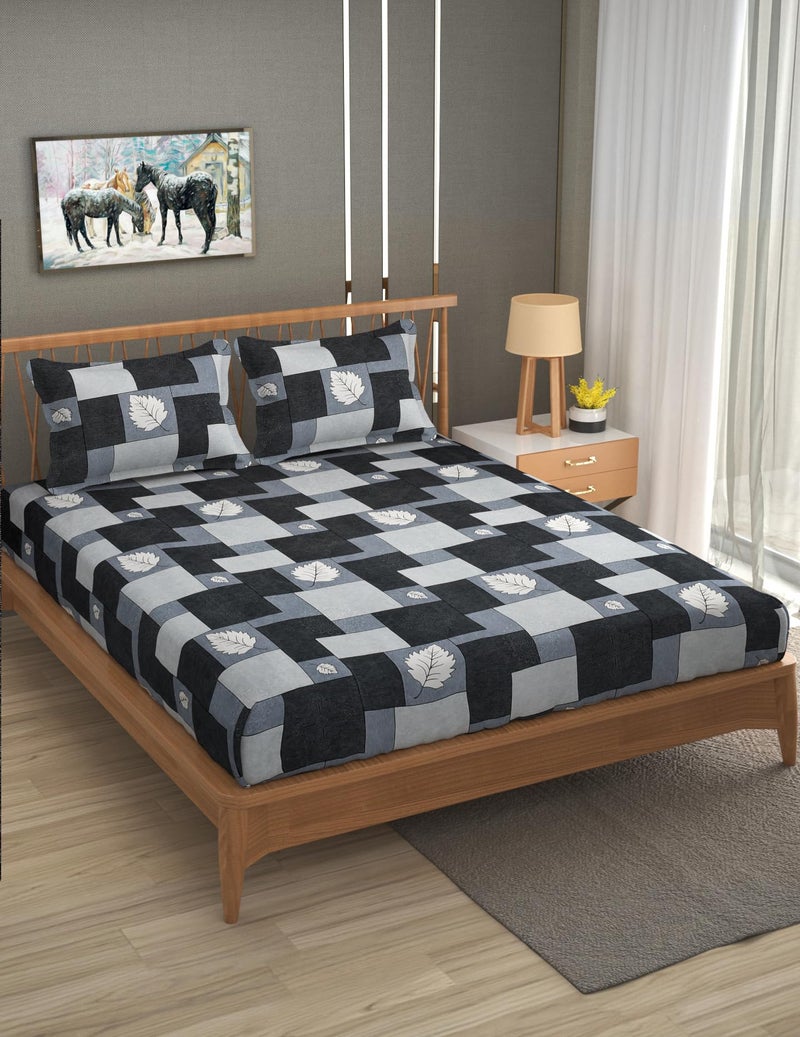 Furnofy Premium Geometric Printed Double Bedsheet Set – Grey & Black (90x100 Inches) with 2 Pillow Covers – Flat - Image 2