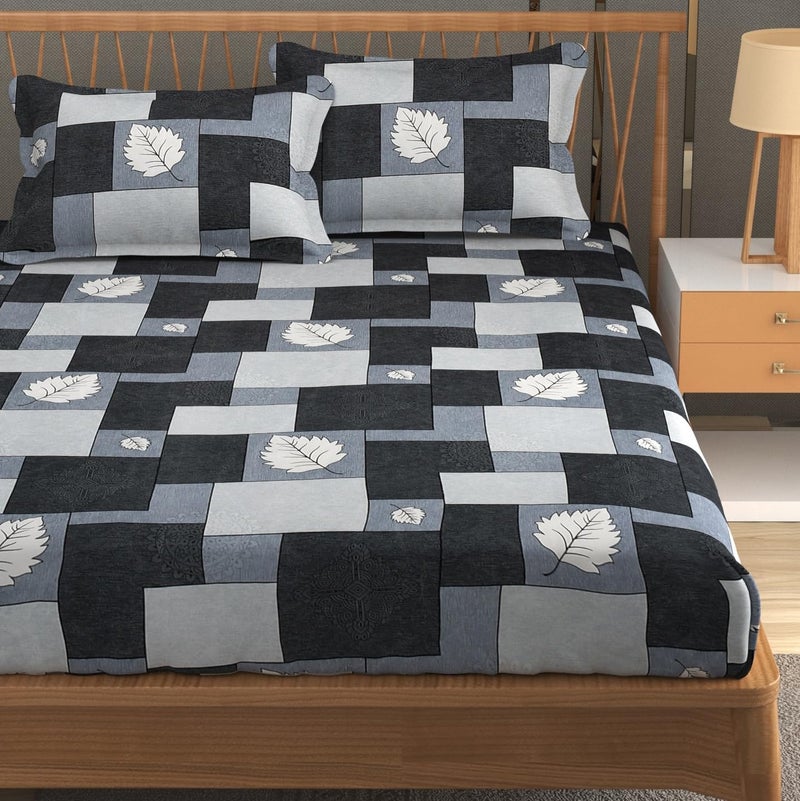 Furnofy Premium Geometric Printed Double Bedsheet Set – Grey & Black (90x100 Inches) with 2 Pillow Covers – Flat - Image 1