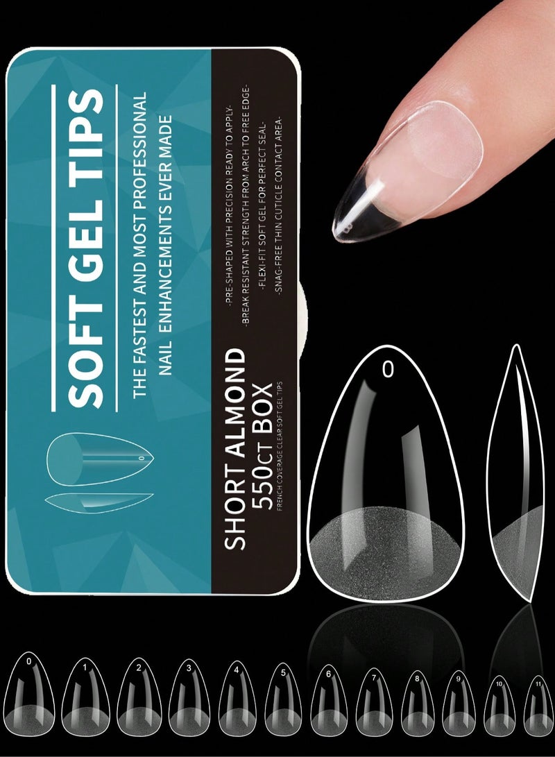 550pcs Short Almond Soft Gel Nail Tips - Semi-Frosted Transparent Press-On Nails for DIY & Salon, Easy to Use with UV Gel, French Design Artificial Nails, 12 Sizes with Storage Box, Nail Extension, Short Almond - Image 1
