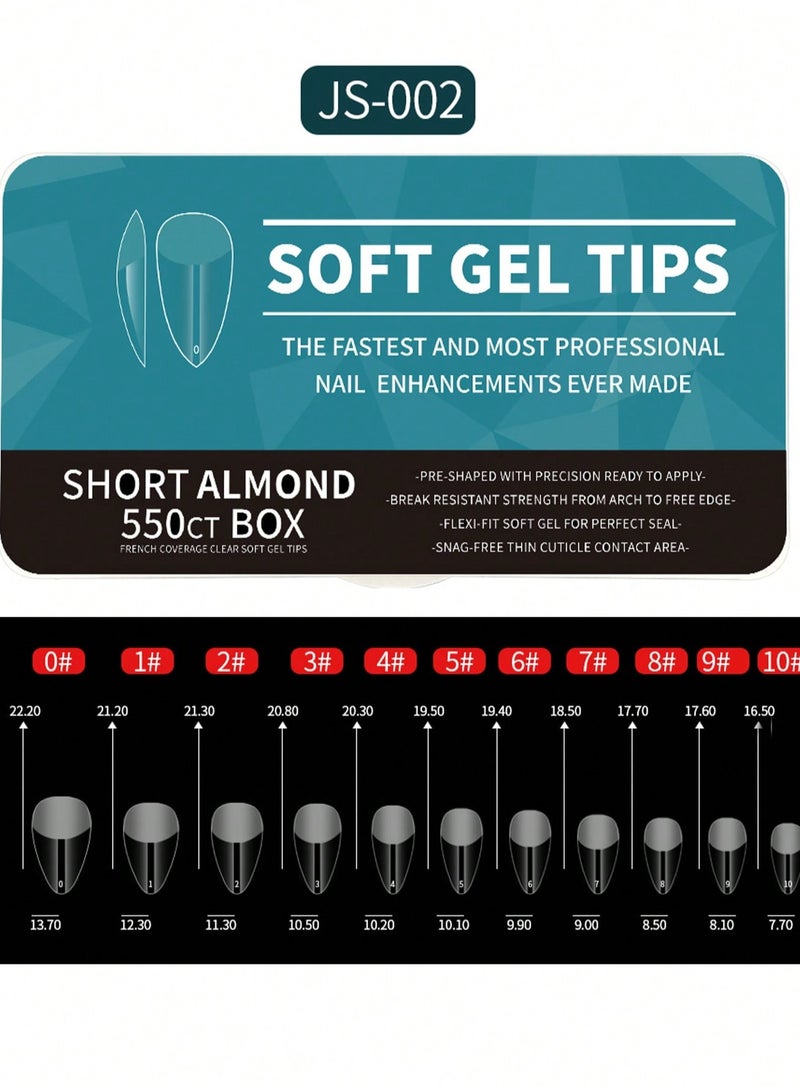 550pcs Short Almond Soft Gel Nail Tips - Semi-Frosted Transparent Press-On Nails for DIY & Salon, Easy to Use with UV Gel, French Design Artificial Nails, 12 Sizes with Storage Box, Nail Extension, Short Almond - Image 2