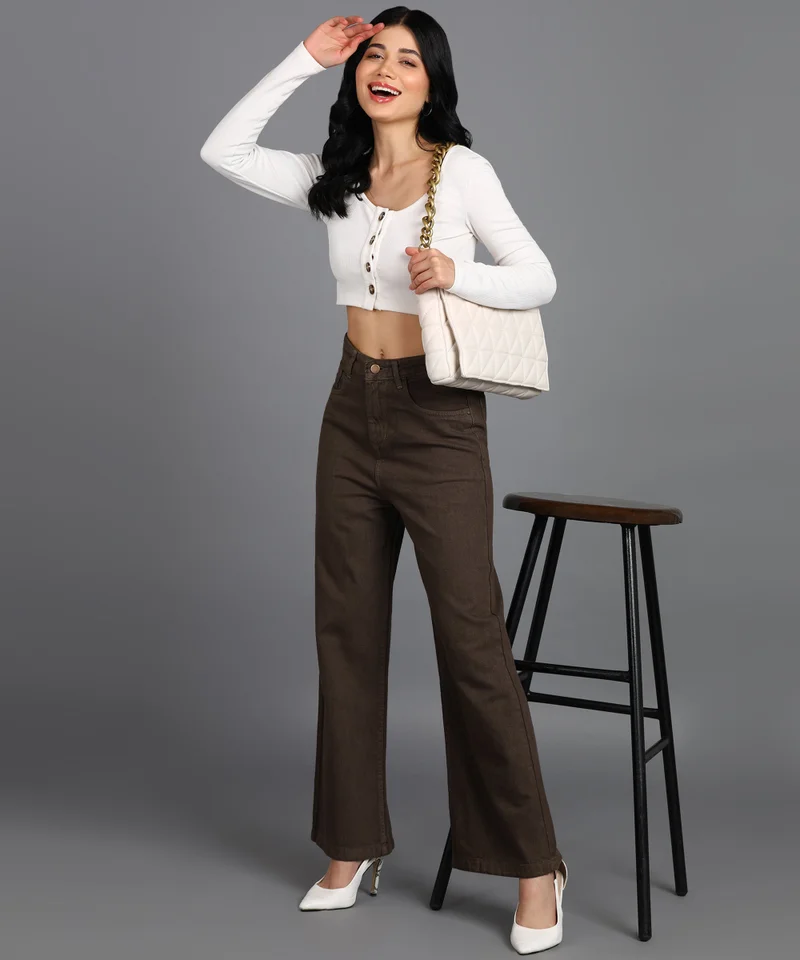 Urbano Fashion  Urbano Fashion Women's Brown Regular Fit Wide Leg Washed Jeans for Women | Best Price UAE