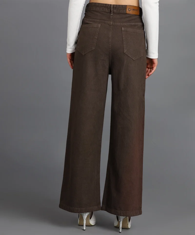 Urbano Fashion  Urbano Fashion Women's Brown Regular Fit Wide Leg Washed Jeans for Women | Best Price UAE