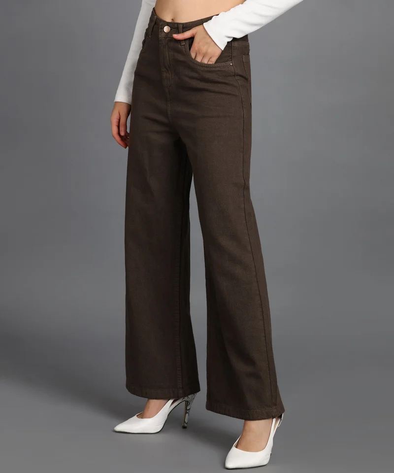 Urbano Fashion  Urbano Fashion Women's Brown Regular Fit Wide Leg Washed Jeans for Women | Best Price UAE