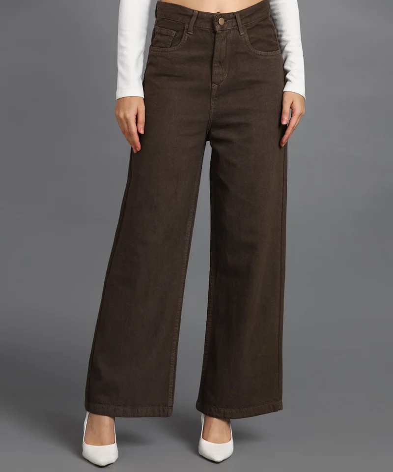 Urbano Fashion Women's Brown Regular Fit Wide Leg Washed Jeans