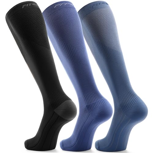 FITRELL 3 Pairs Compression Socks for Women and Men 20-30mmHg- Muscle Support Socks for Travel, Running, Nurse, Knee High, Black+Light Blue+Dark Blue L/XL - Image 5