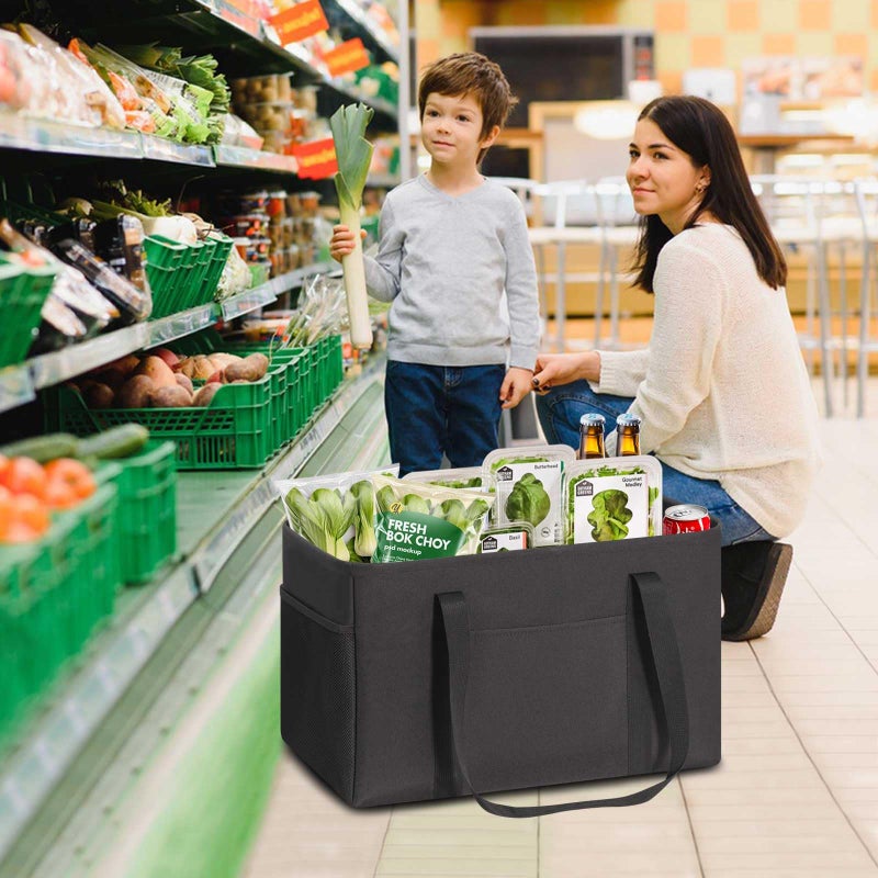 LHZK Standing Utility Tote Bag with Metal Wire Frame and the Sides Rinforced, Large Tote Bag with Handle, Reusable Grocery Bags Foldable, Beach Bag, Car Tote (Black, 18.5''x11.8''x11.5'') - Image 2
