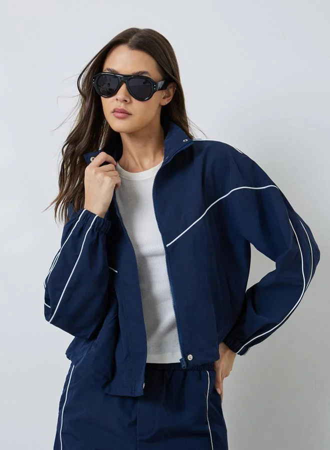 Navy Blue Regular Fit Bomber Jacket with Contrast Piping