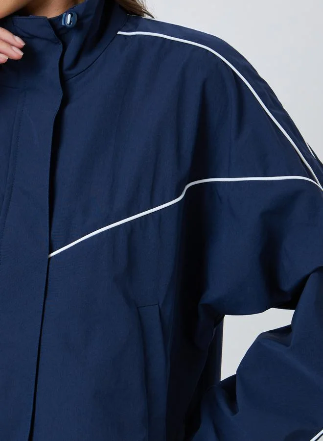 Styli  Navy Blue Regular Fit Bomber Jacket with Contrast Piping for Women | Best Price UAE