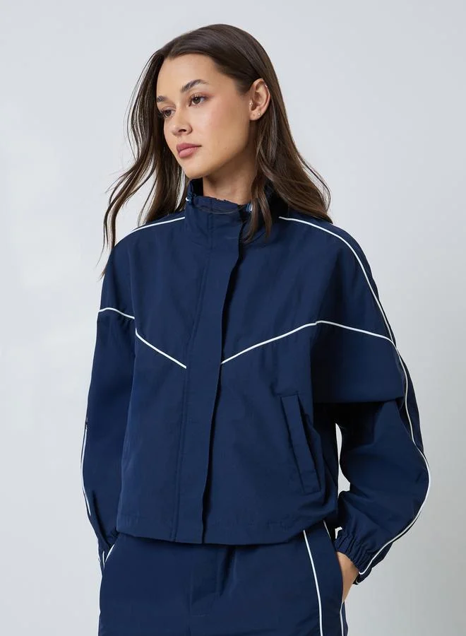 Styli  Navy Blue Regular Fit Bomber Jacket with Contrast Piping for Women | Best Price UAE