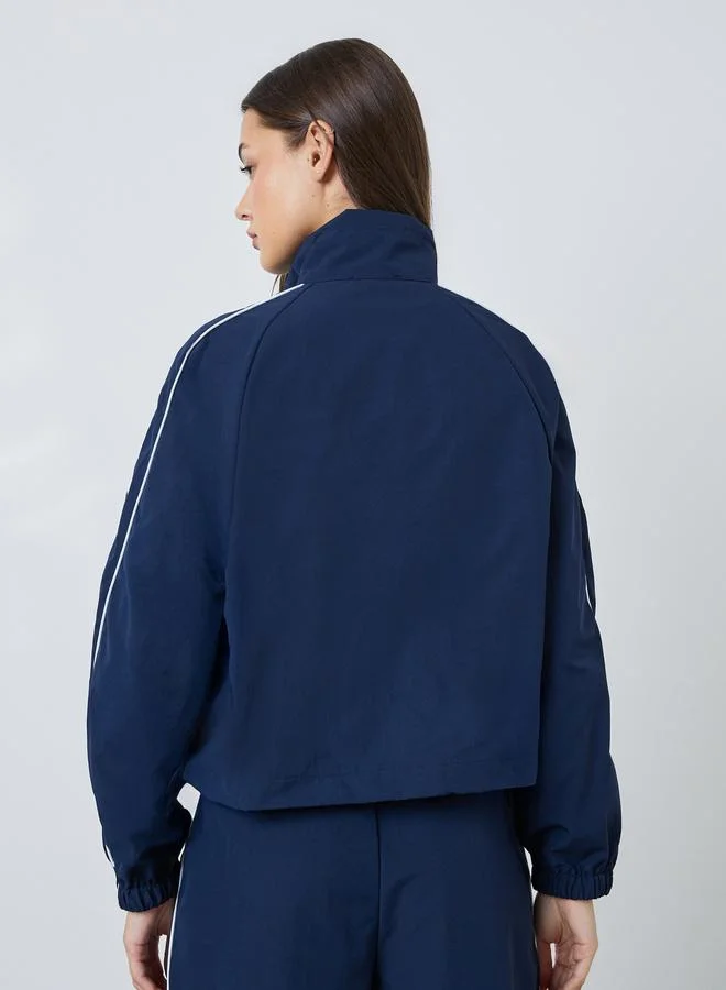 Styli  Navy Blue Regular Fit Bomber Jacket with Contrast Piping for Women | Best Price UAE