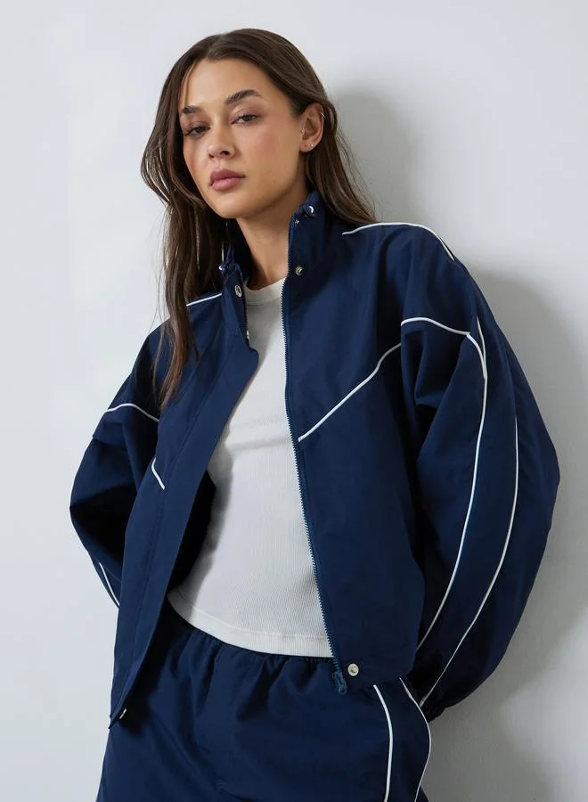 Styli  Navy Blue Regular Fit Bomber Jacket with Contrast Piping for Women | Best Price UAE