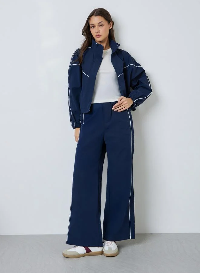 Styli  Navy Blue Regular Fit Bomber Jacket with Contrast Piping for Women | Best Price UAE