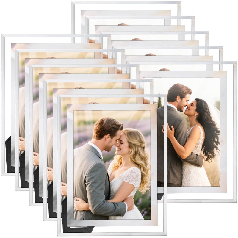 WRINGKIT 10 Pack 5 x 7 Glass Picture Frames, Mirrored Photo Frames Bulk, Silver Tabletop Desk Frame with Thin Border, Display Vertically or Horizontally, Clear Wedding Picture Frame for Gifts, Decor - Image 1