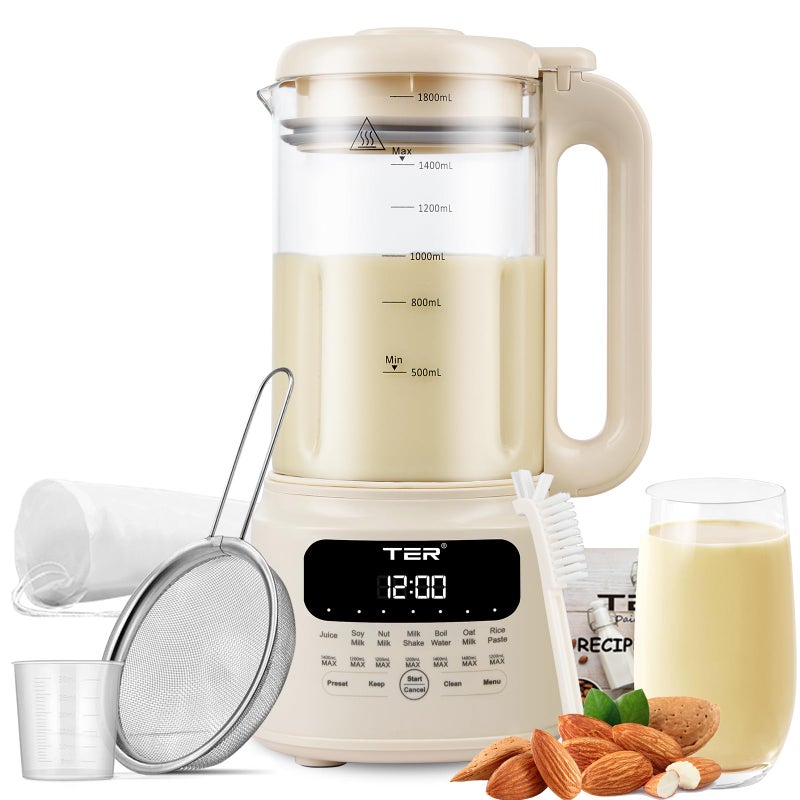 TER 61oz Nut Milk Maker Machine TER 10in1 Soy Milk Maker for AlmondOatSoy Milk Juice Milkshake Rice Paste Auto Clean24H Preset Time12H Keep Warm with 7 Accessories Beige
