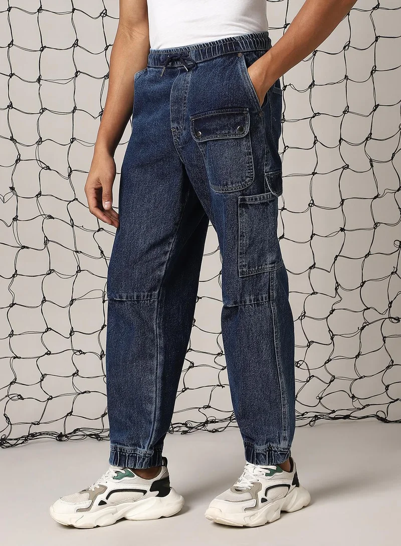 هوبرهولمي Men's Indigo 100% Cotton Distressed Full Length Loose Fit Jeans