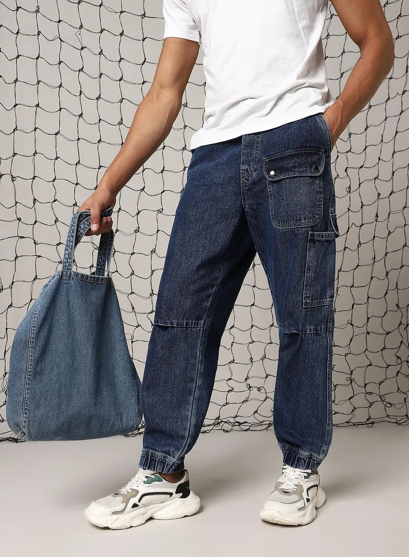 هوبرهولمي Men's Indigo 100% Cotton Distressed Full Length Loose Fit Jeans