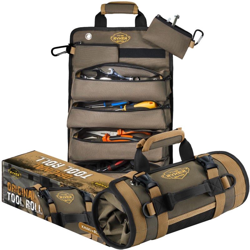The Ryker Roll Up Tool Bag Organizer Gifts for Dad Heavy Duty Motorcycle Tool Roll Bag Organizer Portable Rollup Toolbag wDetachable Pouches  Tools Bags Mens gifts for himMechanic KhakiBlack