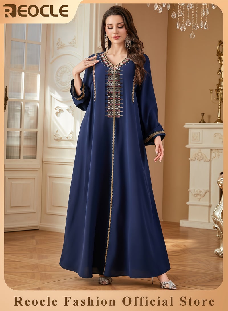 REOCLE Women's Elegant Embroidered Kaftan Dress Luxury Maxi Abaya Flowing Moroccan Robe Modest Evening Dress for Special Occasions - Image 1
