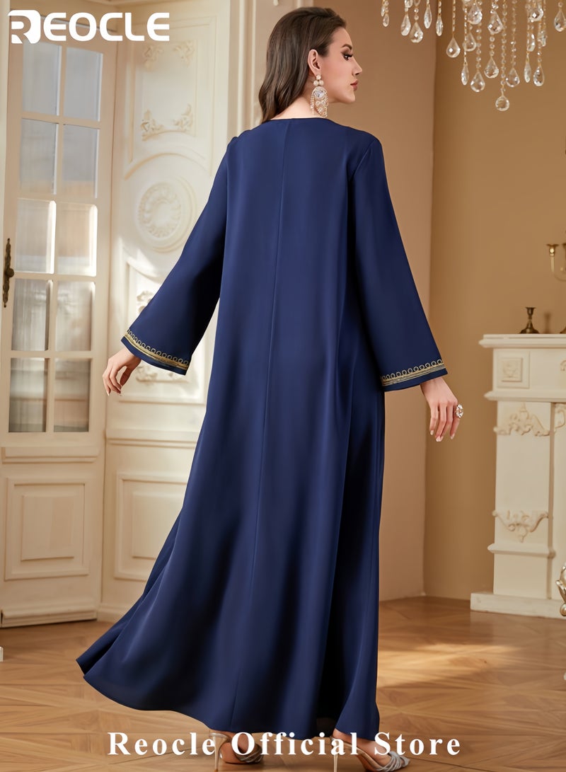 REOCLE Women's Elegant Embroidered Kaftan Dress Luxury Maxi Abaya Flowing Moroccan Robe Modest Evening Dress for Special Occasions - Image 5