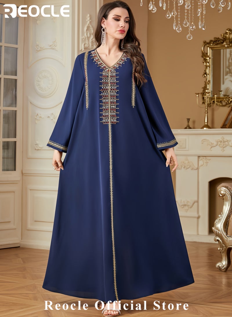 REOCLE Women's Elegant Embroidered Kaftan Dress Luxury Maxi Abaya Flowing Moroccan Robe Modest Evening Dress for Special Occasions - Image 3