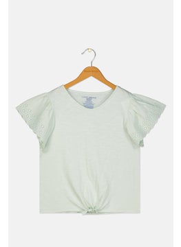 Kids Girl Round Neck Short Sleeves Textured Top, Green Lily