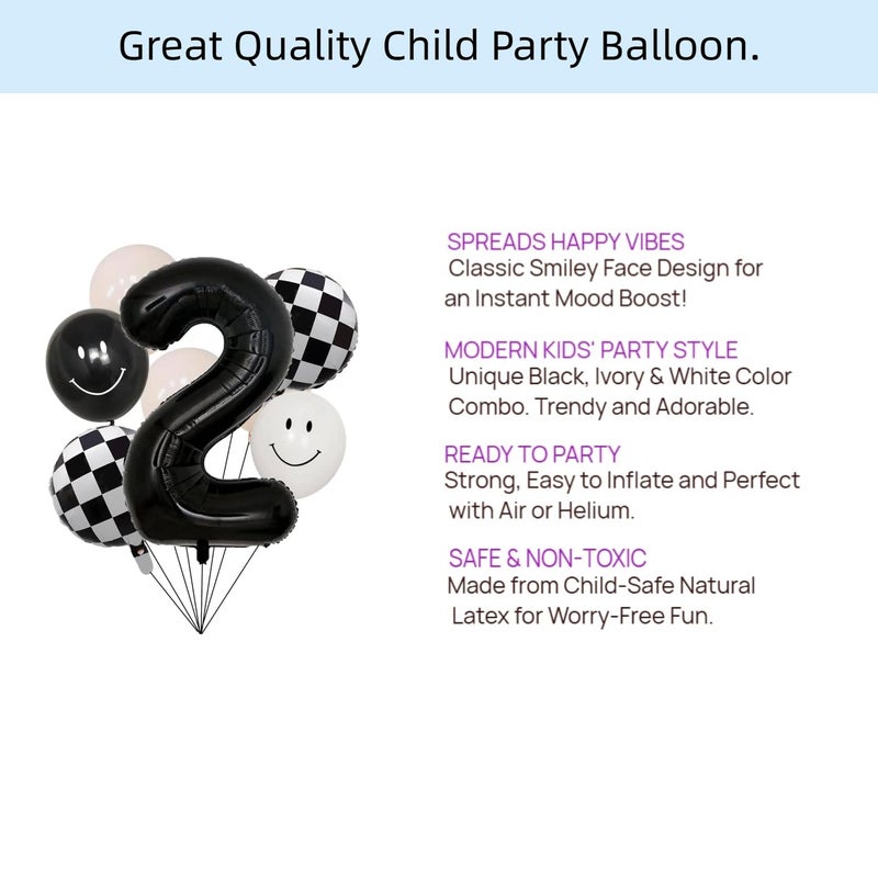 100% LIKED Two Cool Balloon Set, 40â€ Black Two|Black & White Smiley Face Latex |Checkered Foil for 2 Cool Birthday Decorations, Smiley Face Party Deco, Baby Shower,2nd Birthday Party Supplies - Image 5