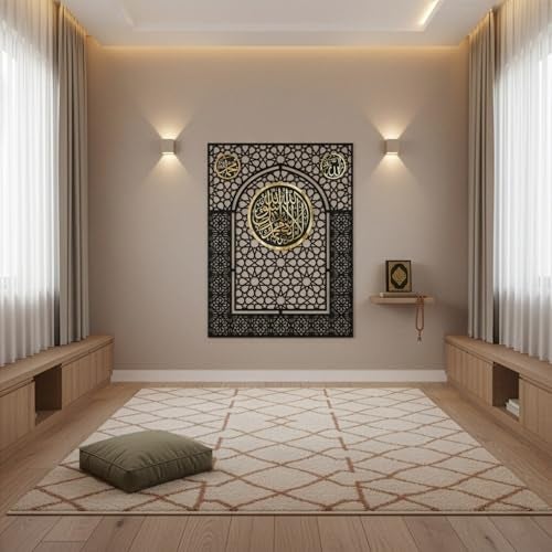 iwa concept Wooden Kalima Tawheed Mihrab Islamic Wall Art Gold on Black Allah Muhammad Calligraphy Wall Decor for Home Mosque 35 x 27 Wooden Wall Hanging Prayer Room Decoration Housewarming Gift - Image 3
