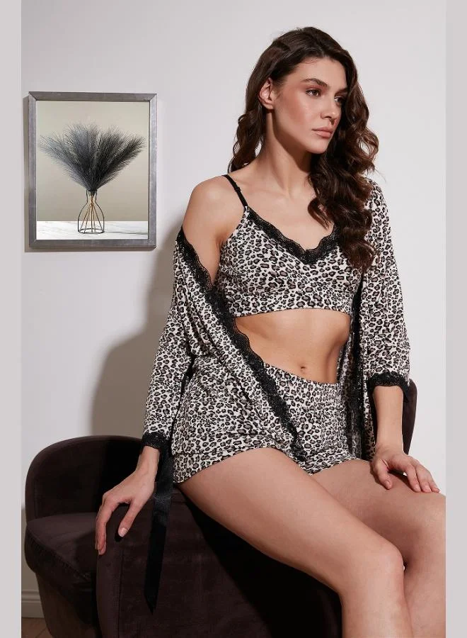 Lela Lela Patterned Lace Detailed Dressing Gown 3-Piece Shorts Pajama Set Women's Pajama Set 6097555