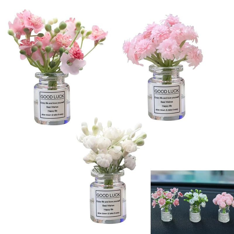 CyperFair 3 PCS Car Dash Flower Vase Decor Faux Mini Arrangement Ornament with Cherry Blossom Jasmine Nature Aesthetic Accessory with Nomarking Adhesive Universal for Girl Women Multicolored - Image 3