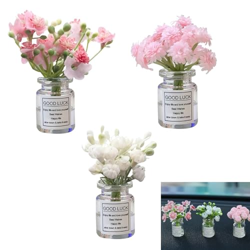 CyperFair 3 PCS Car Dash Flower Vase Decor Faux Mini Arrangement Ornament with Cherry Blossom Jasmine Nature Aesthetic Accessory with Nomarking Adhesive Universal for Girl Women Multicolored - Image 1