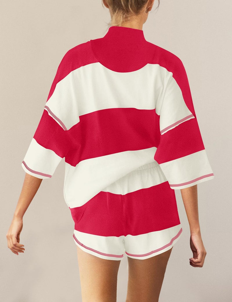 Panadila Women Striped Workout Set Two Piece Outfit Tracksuit Oversized Lounge Set Top and Shorts Sets with Pockets(Red White Combo,L) - Image 4