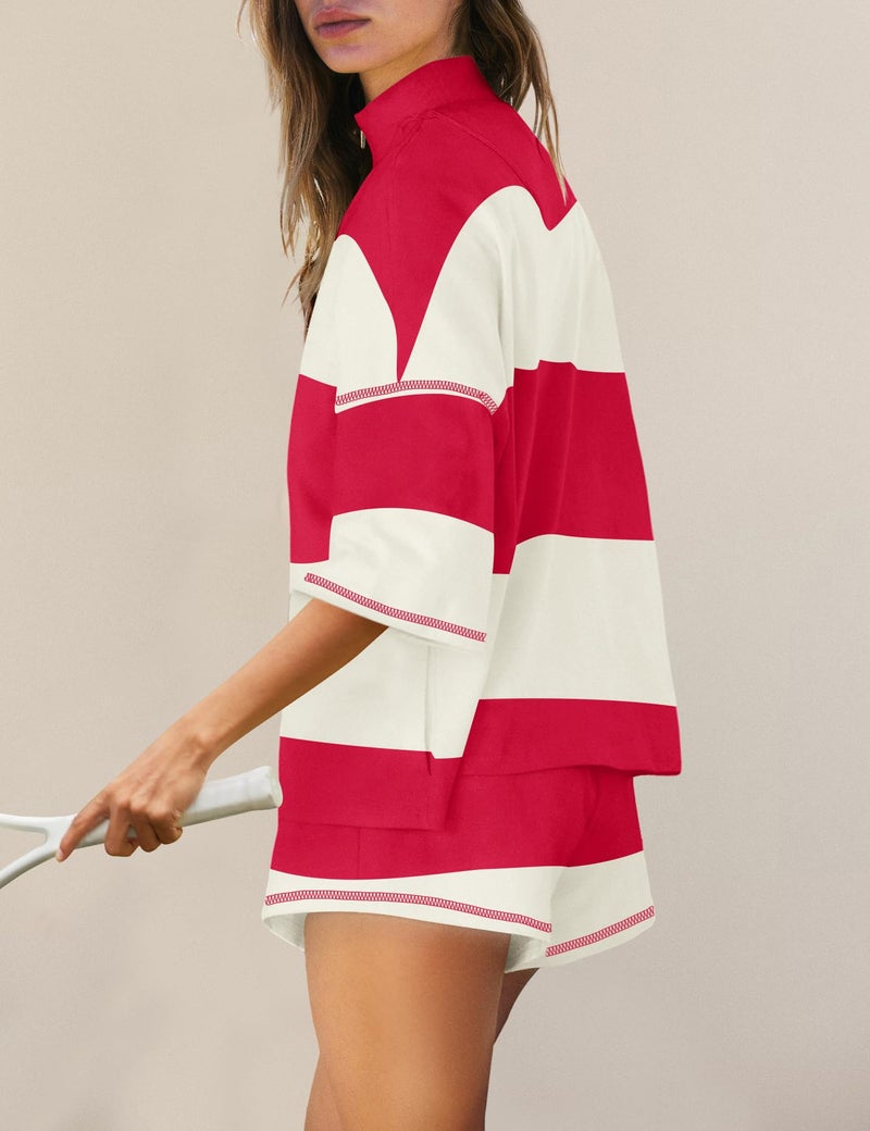 Panadila Women Striped Workout Set Two Piece Outfit Tracksuit Oversized Lounge Set Top and Shorts Sets with Pockets(Red White Combo,L) - Image 3